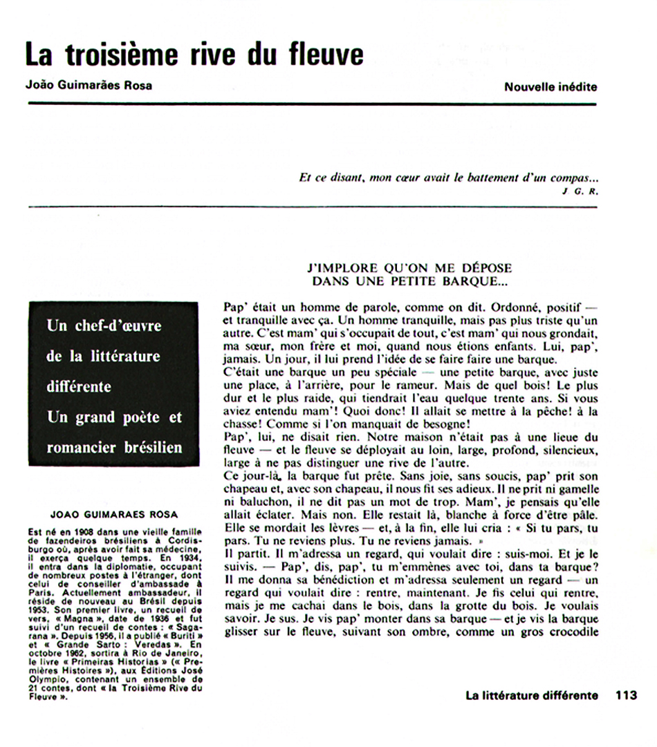 A primeira página de texto do conto em Planète: “Uma obra-prima da literatura diferente”, destaca a chamada