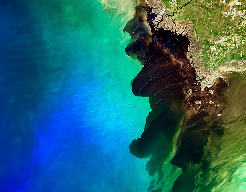 O rio Suwannee, no Sudeste dos Estados Unidos, é conhecido como "rio negro" por conta de suas águas escuras por causa da sua matéria orgânica / Foto: NASA