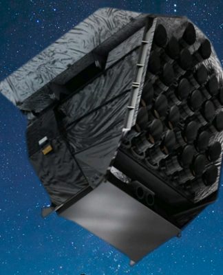 Modelo do satélite PLATO, equipado com um conjunto de 26 telescópios, que será colocado em órbita acima da atmosfera – Foto: Divulgação / ESA