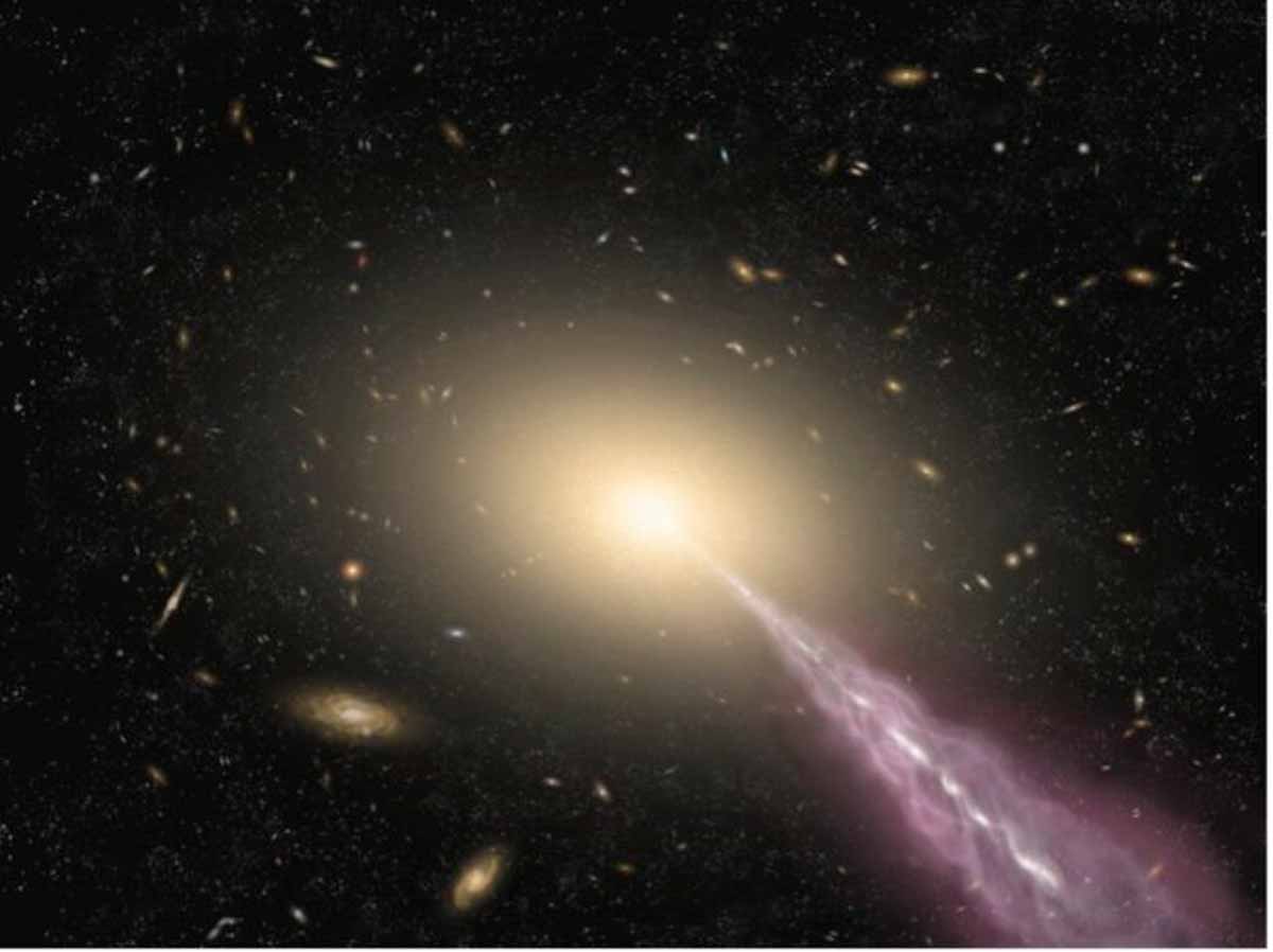 Concepção artística de uma galáxia gigante com um jato de alta energia. Crédito: ALMA (ESO/NAOJ/NRAO)